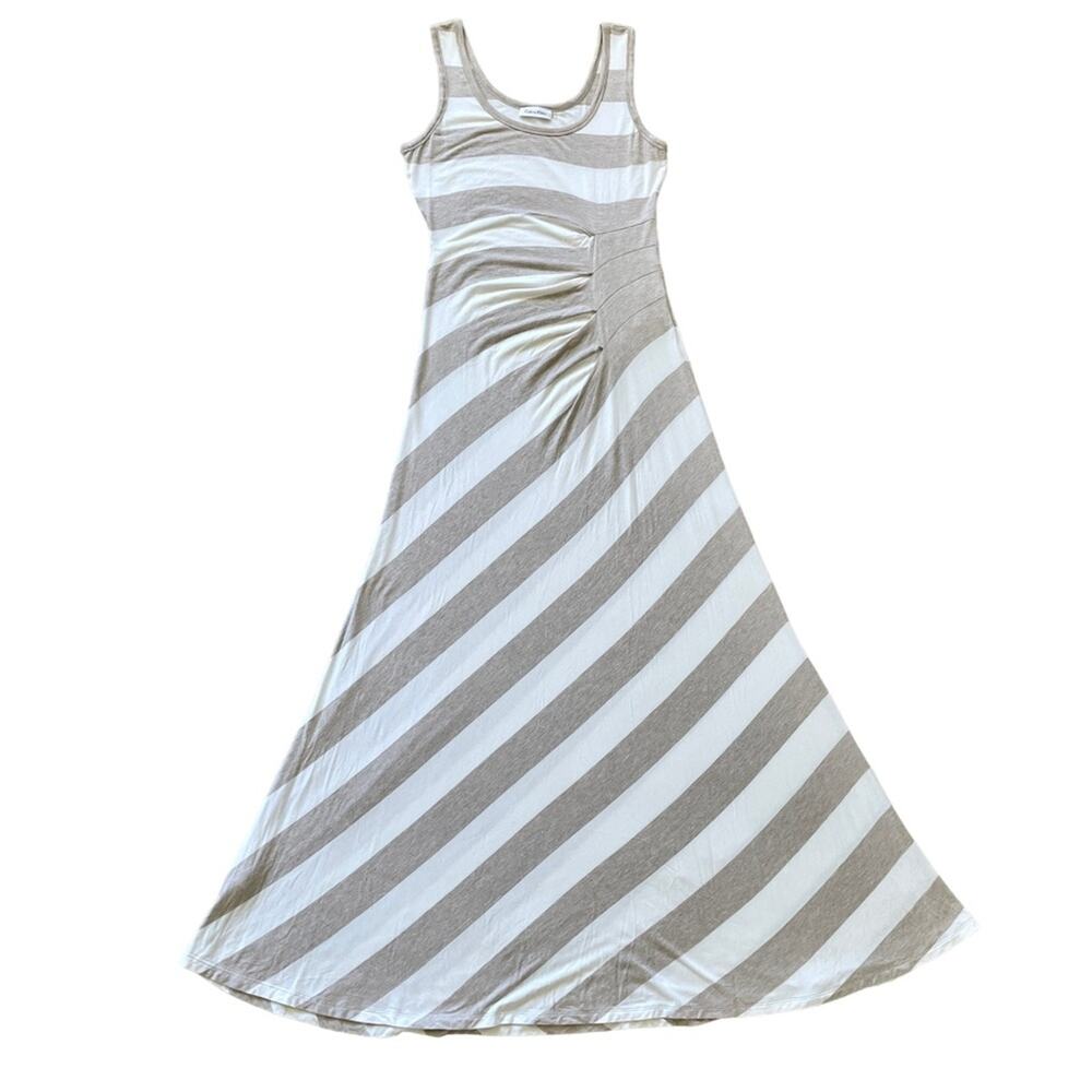 Calvin Klein Striped Maxi Dress Side Ruching Brown and White Size 6